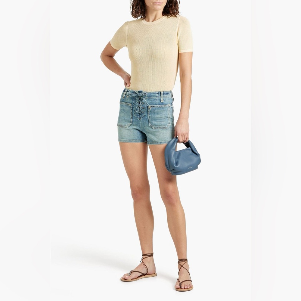 Nili Lotan‎ Romane Lace-up Denim Shorts Faded Wash 27 Patch Pockets Festival